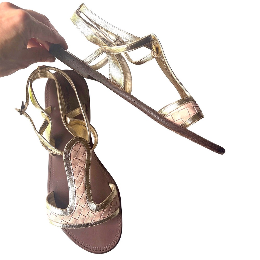 Bottega Veneta Intrecciato Pink Gold Flat Sandals Gladiator Straps 39.5